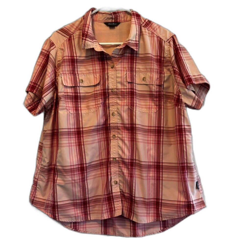 Eddie Bauer XXL Gorpcore Outdoor Utility Shirt Pink Plaid Mesh Back Quick Dry